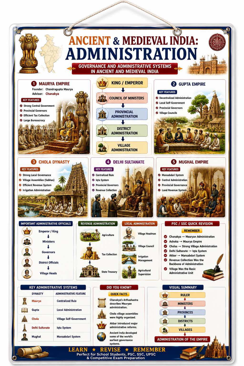 Ancient & Medieval India: Administration Educational Poster (A4 Size Laminated)