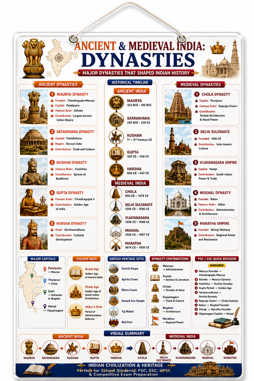 Ancient & Medieval India: Dynasties Educational Poster (A4 Size Laminated)