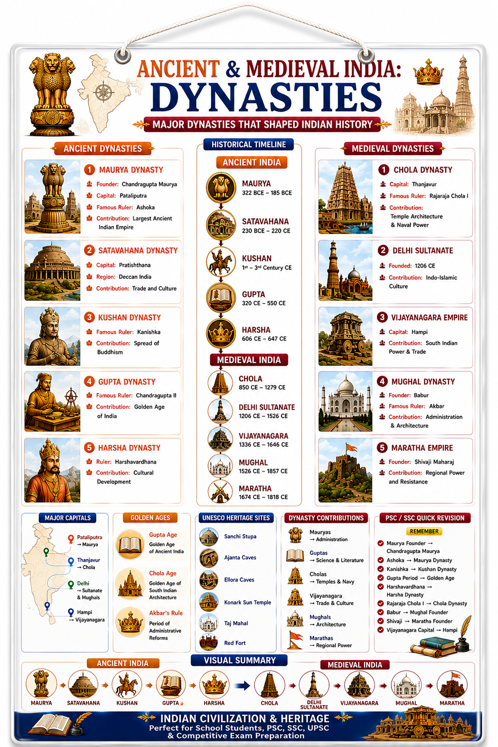 Ancient & Medieval India: Dynasties Educational Poster (A4 Size Laminated)