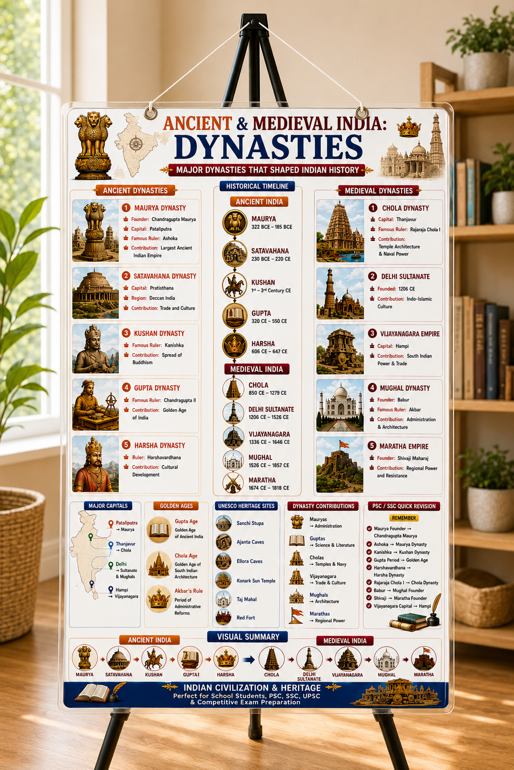 Ancient & Medieval India: Dynasties Educational Poster (A4 Size Laminated)