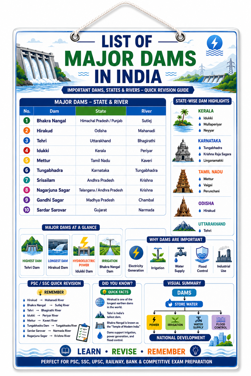 List of Major Dams in India Educational Poster (A4 Size Laminated)