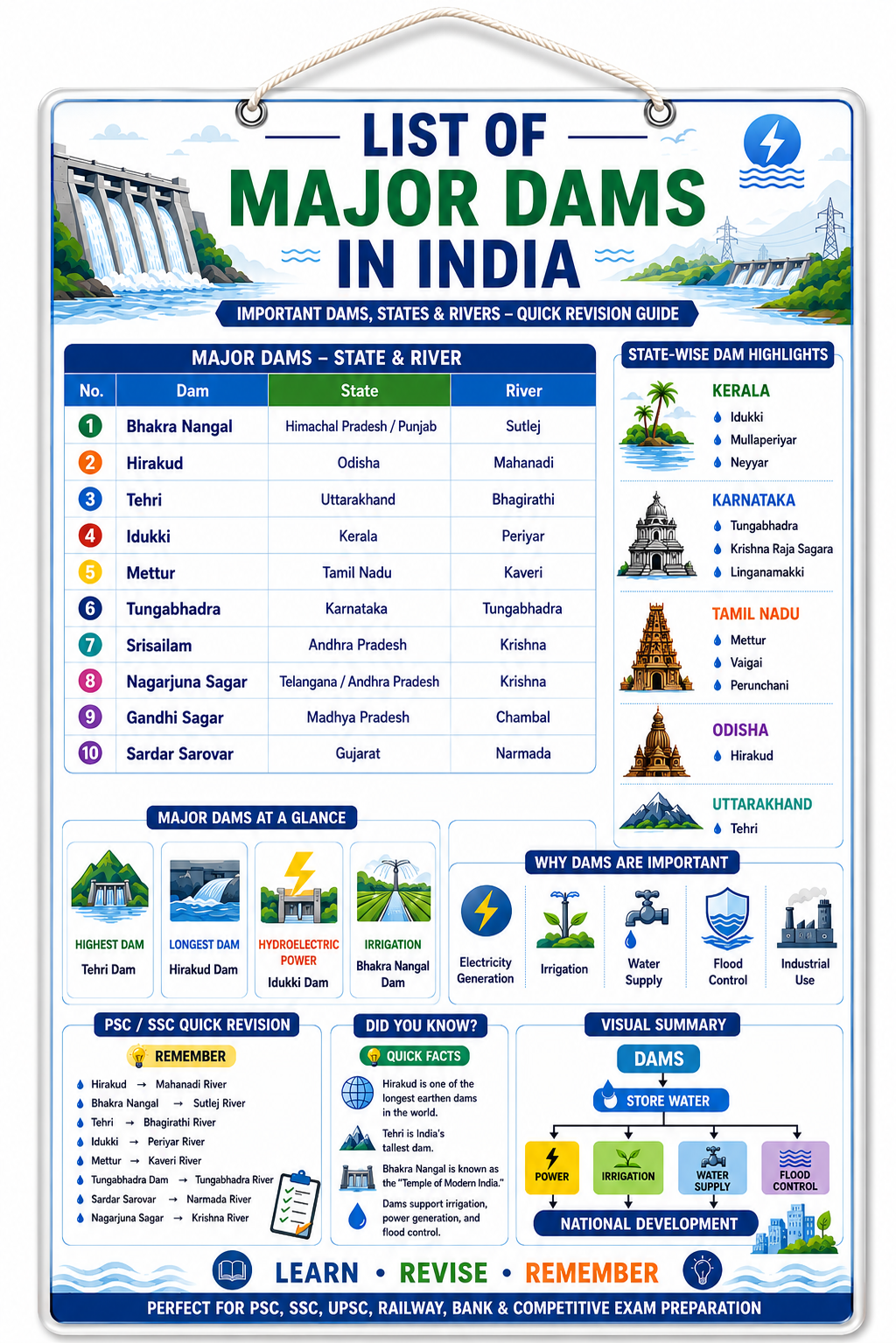 List of Major Dams in India Educational Poster (A4 Size Laminated)