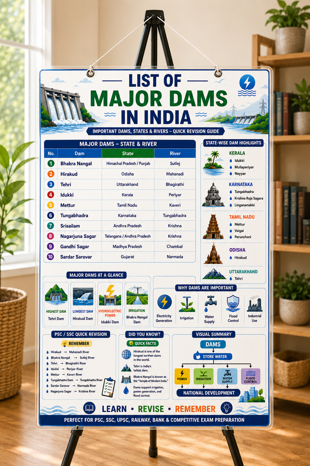 List of Major Dams in India Educational Poster (A4 Size Laminated)
