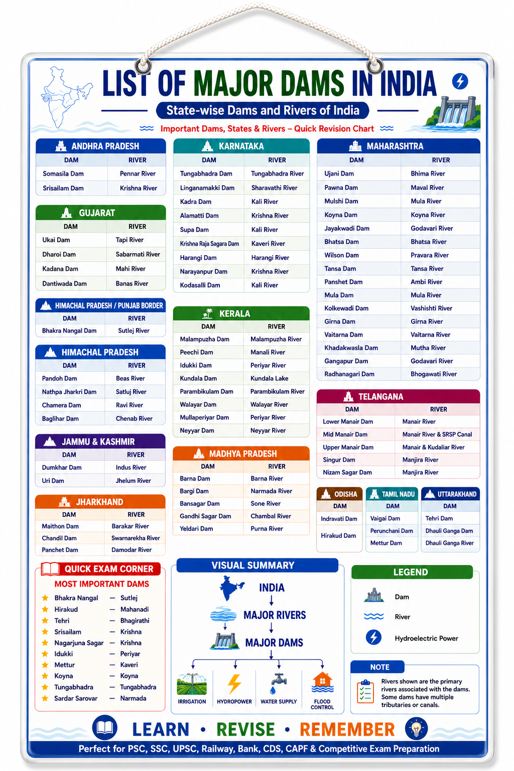 List of Major Dams in India State wise Educational Poster (A4 Size Laminated)