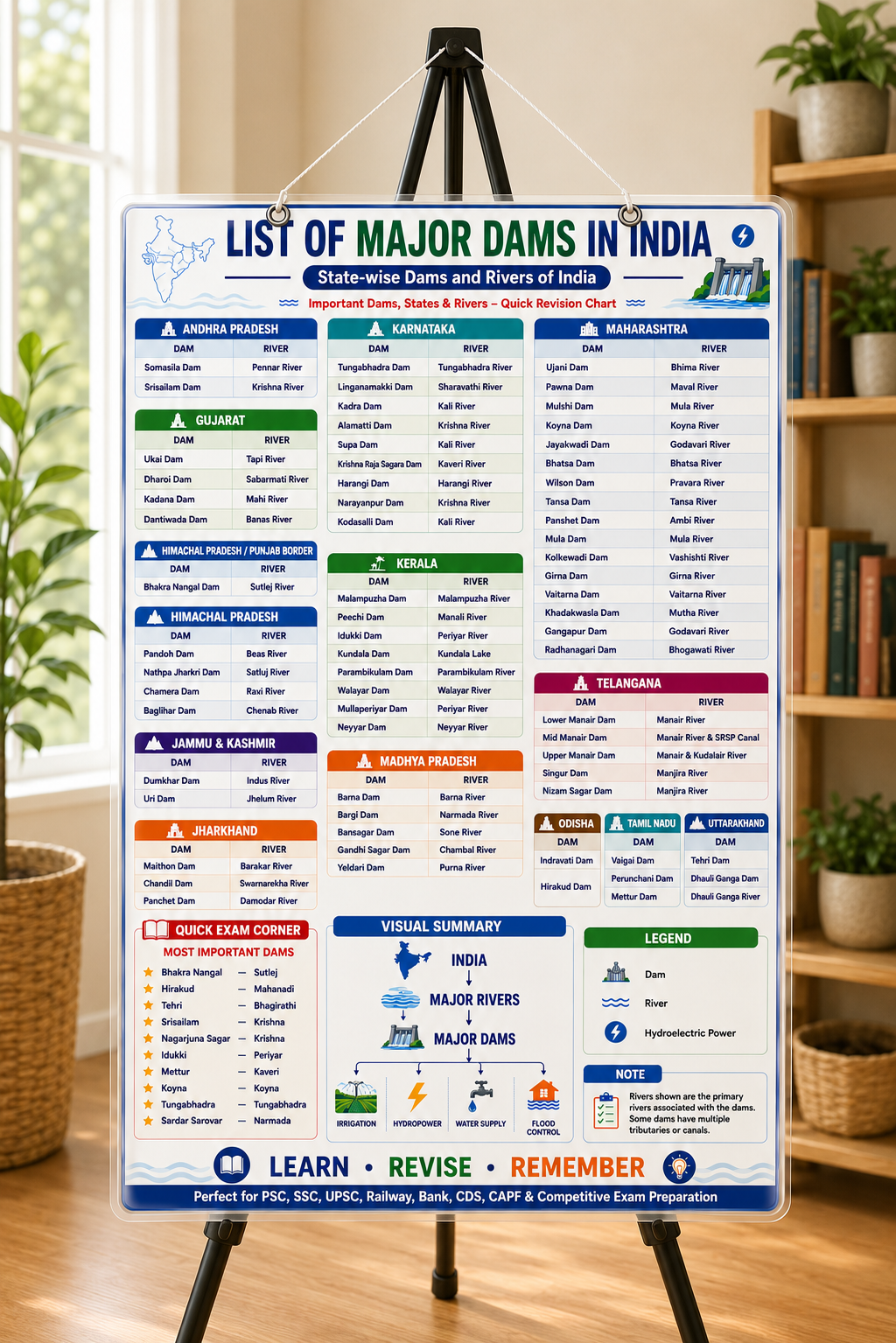 List of Major Dams in India State wise Educational Poster (A4 Size Laminated)