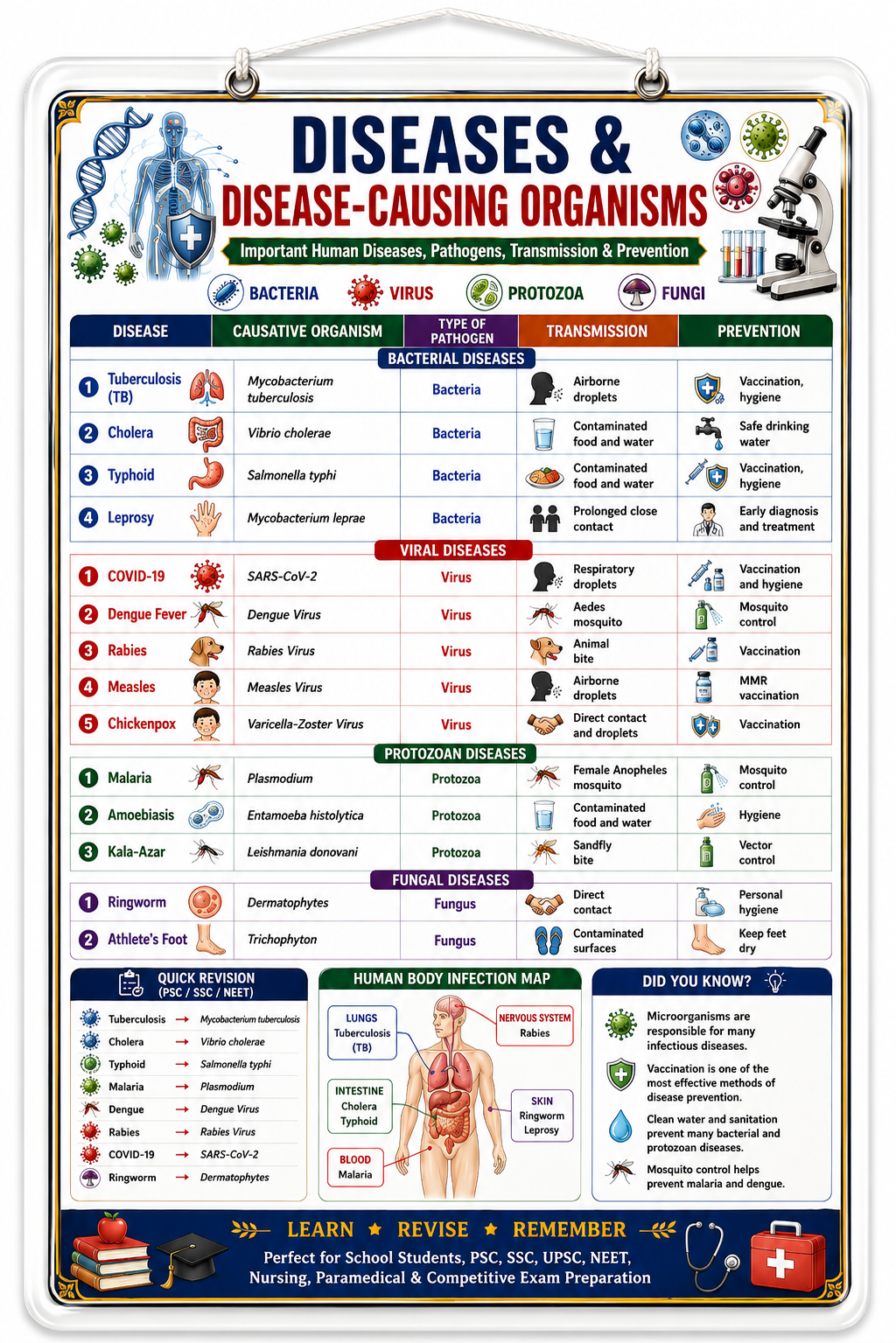 Diseases & Disease-Causing Organisms Educational Poster (A4 Size Laminated)