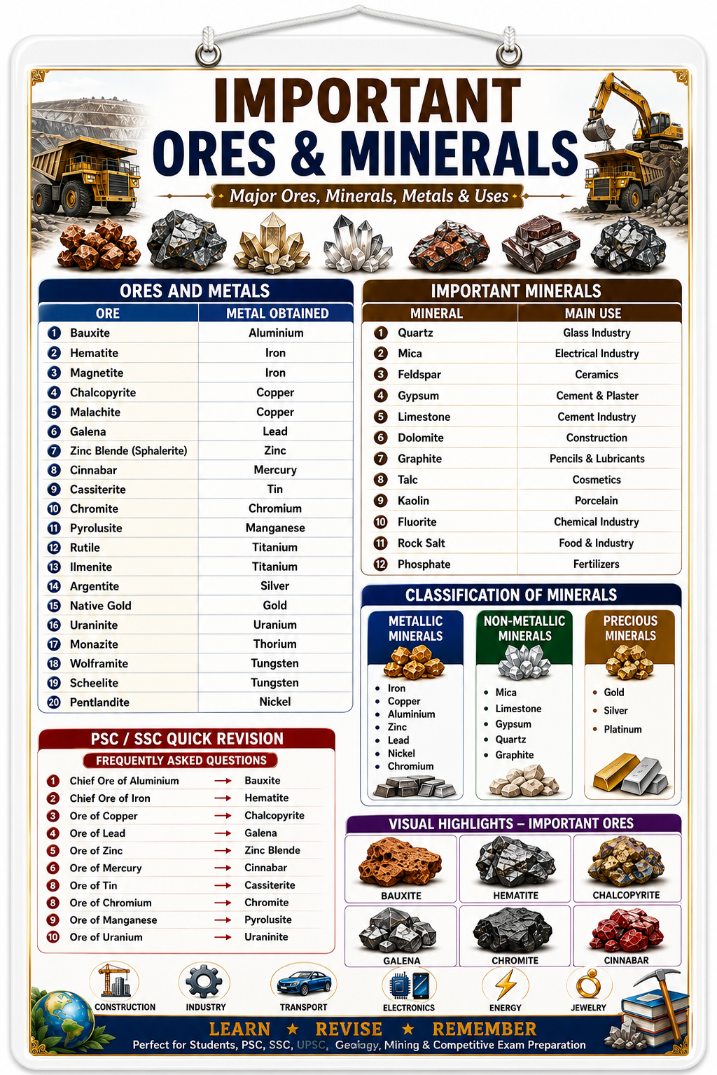 Important Ores & Minerals Educational Poster (A4 Size Laminated)