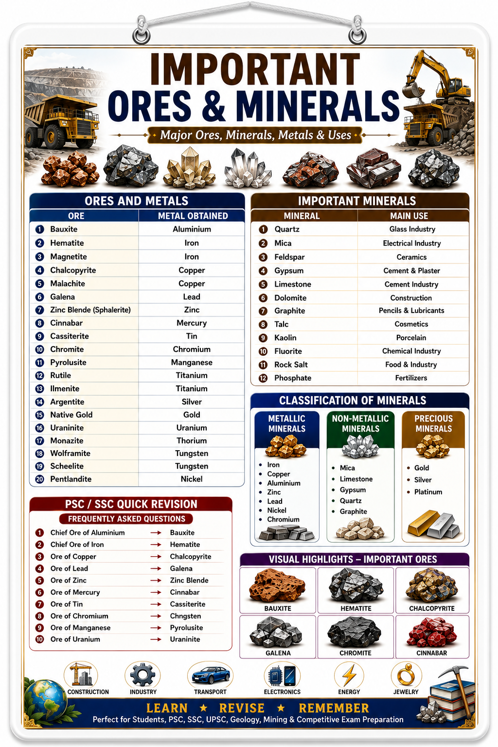 Important Ores & Minerals Educational Poster (A4 Size Laminated)