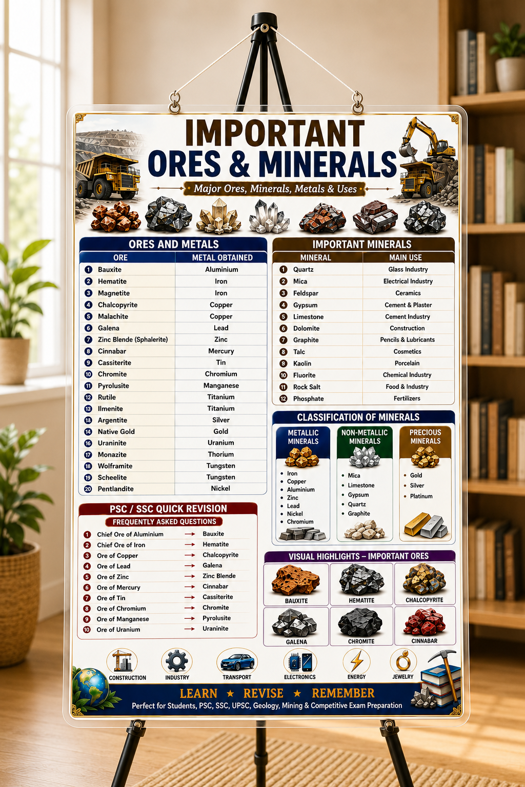 Important Ores & Minerals Educational Poster (A4 Size Laminated)