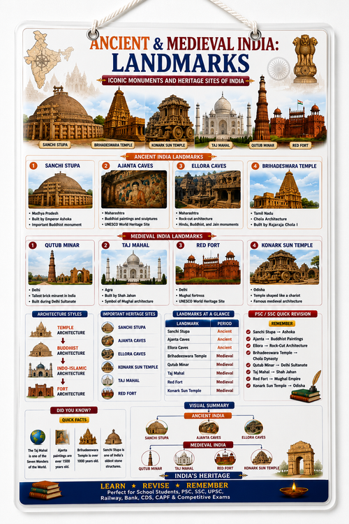 Ancient & Medieval India: Landmarks Educational Poster (A4 Size Laminated)