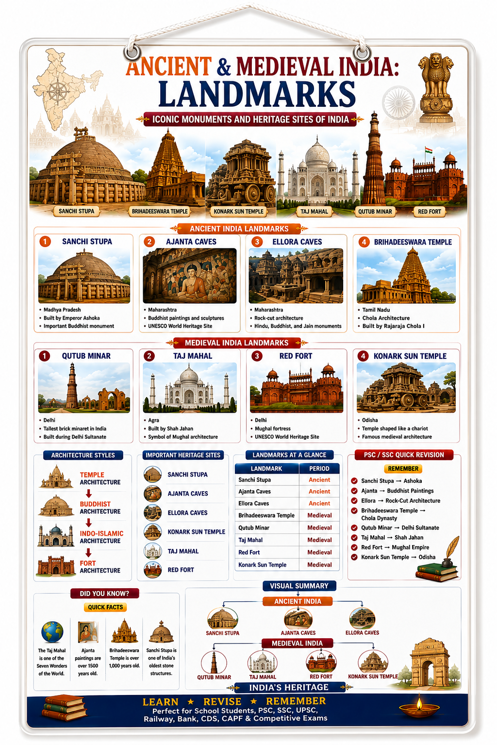 Ancient & Medieval India: Landmarks Educational Poster (A4 Size Laminated)