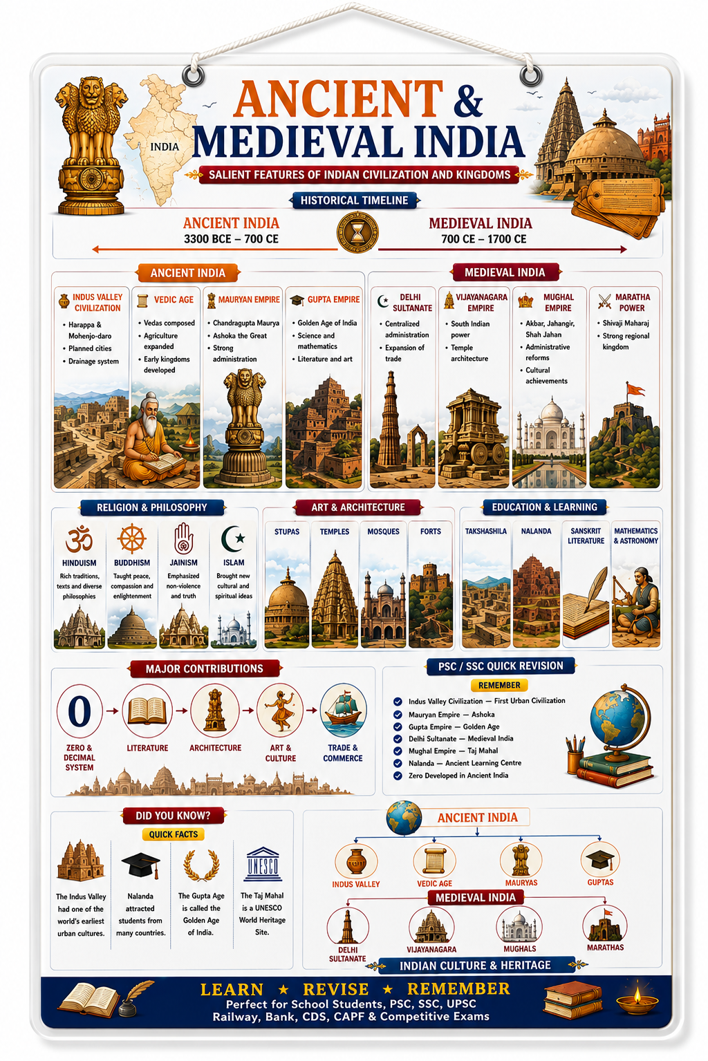 Ancient & Medieval India History Timeline Educational Poster (A4 Size Laminated)