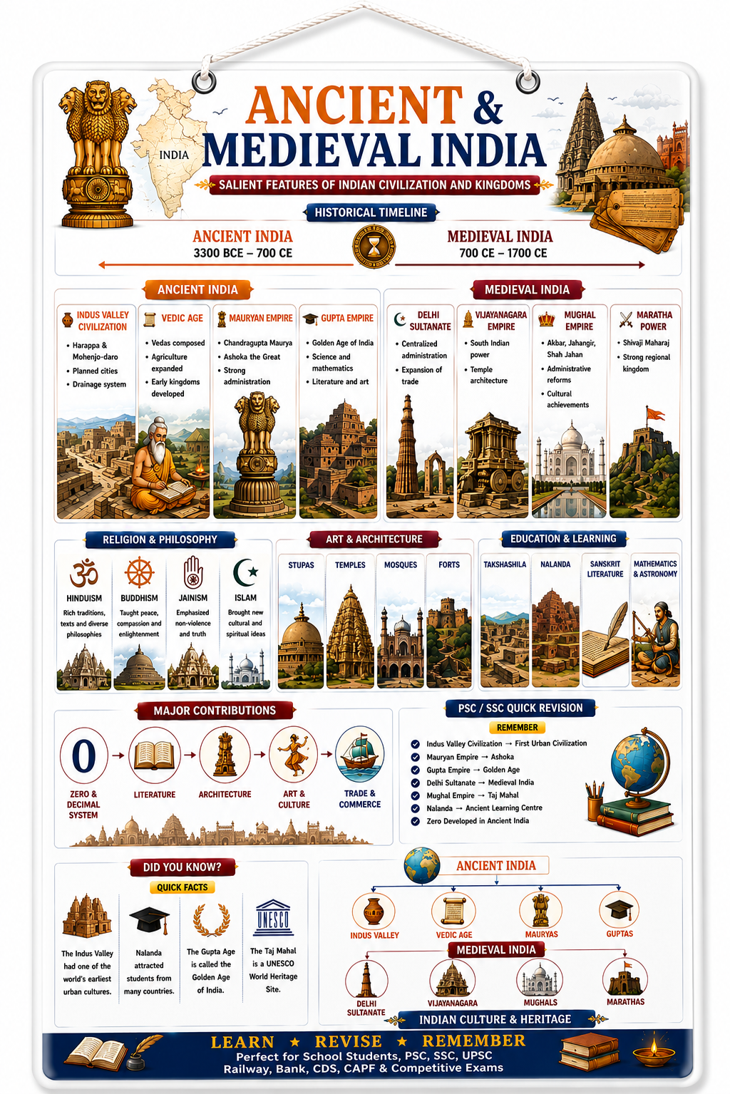 Ancient & Medieval India History Timeline Educational Poster (A4 Size Laminated)