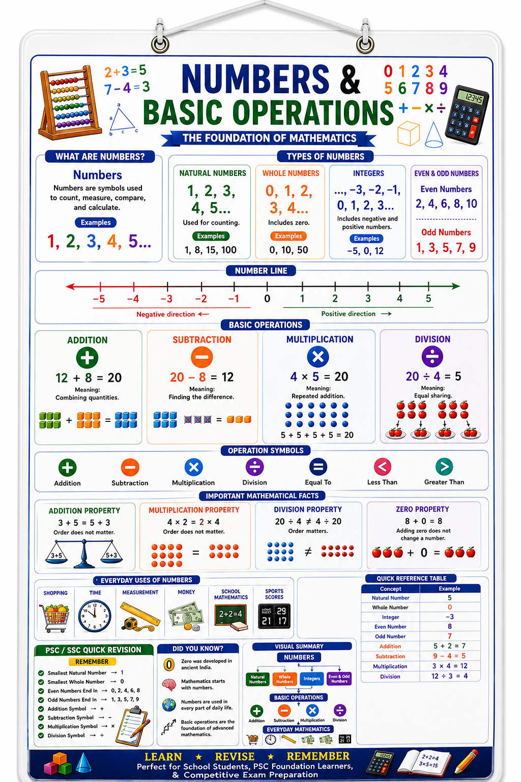 Numbers & Basic Operations Educational Poster (A4 Size Laminated)