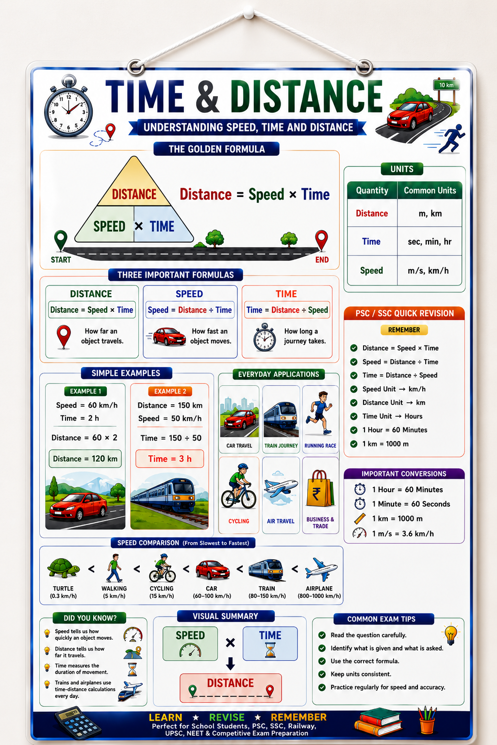 Time & Distance Educational Poster (A4 Size Laminated)