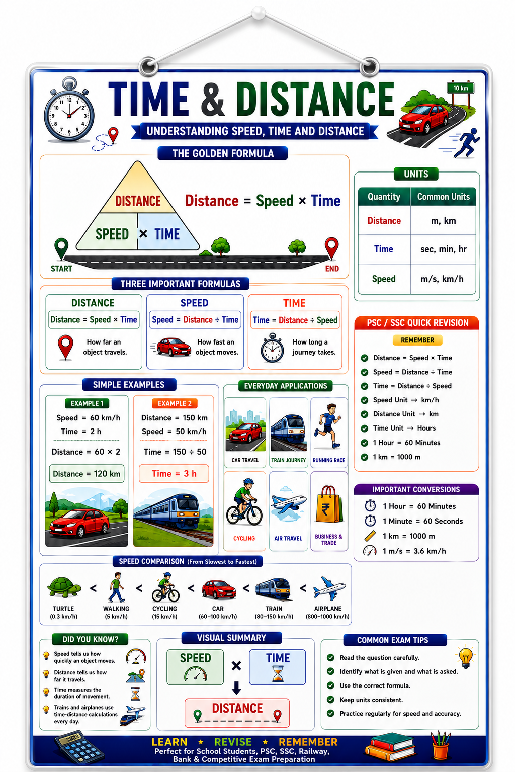 Time & Distance Educational Poster (A4 Size Laminated)