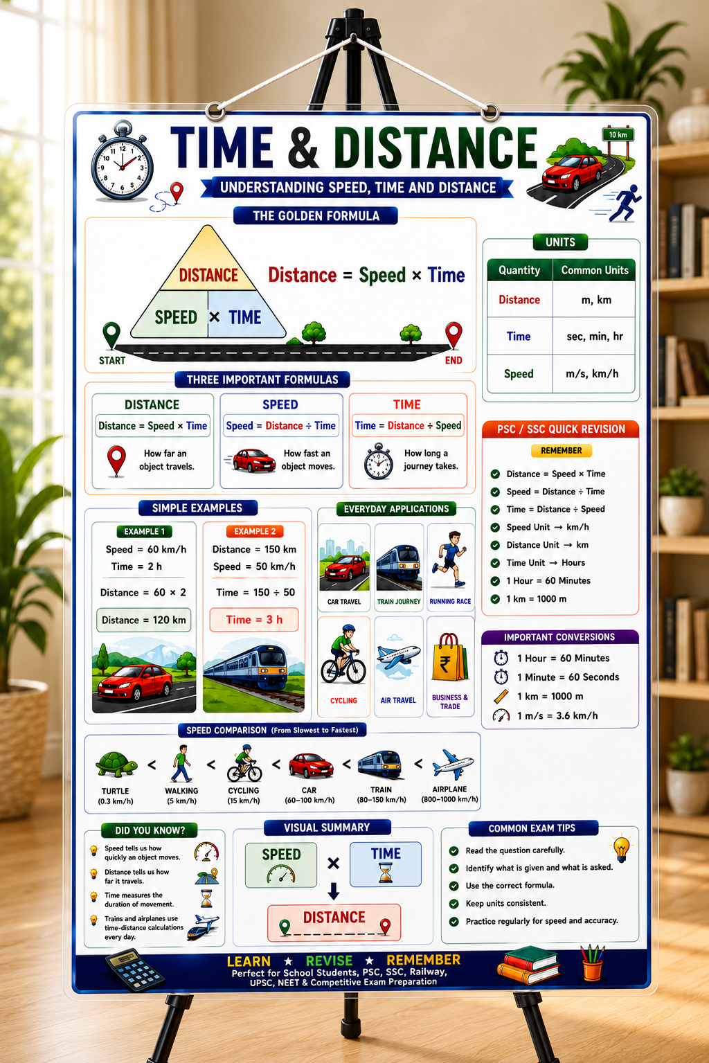 Time & Distance Educational Poster (A4 Size Laminated)