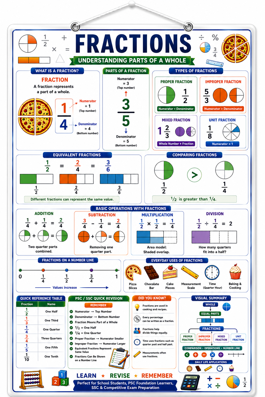 Fractions Educational Poster (A4 Size Laminated)