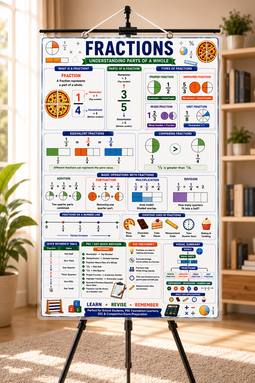 Fractions Educational Poster (A4 Size Laminated)