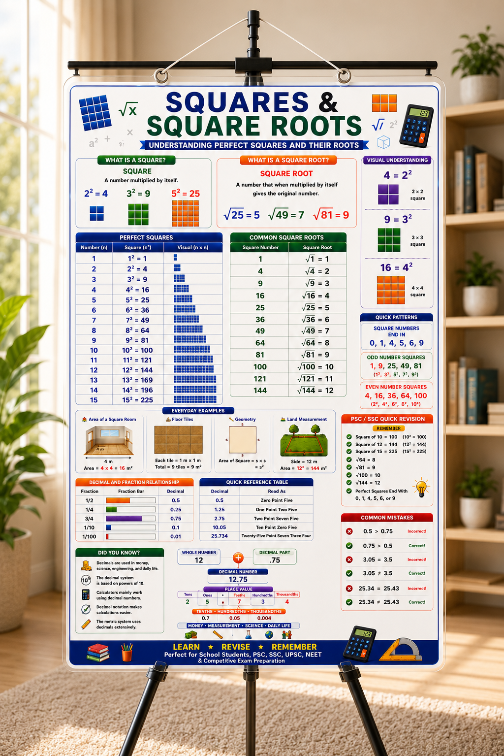 Squares & Square Roots Educational Poster (A4 Size Laminated)