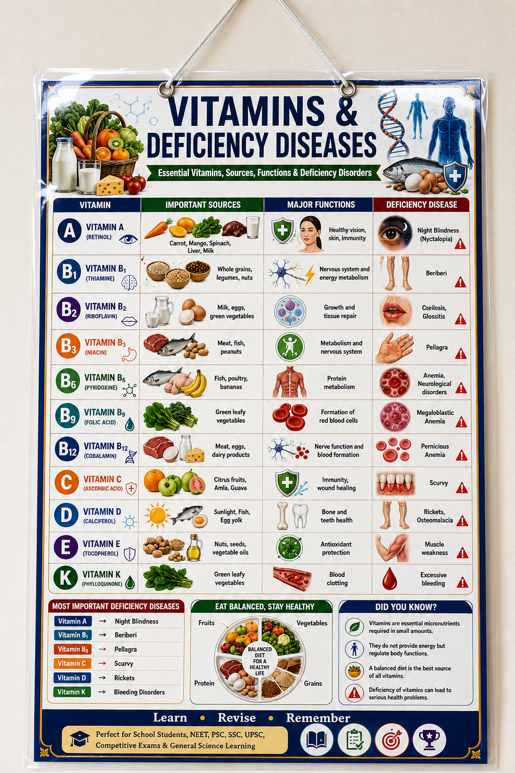 Vitamins & Deficiency Diseases Educational Poster (A4 Size Laminated)