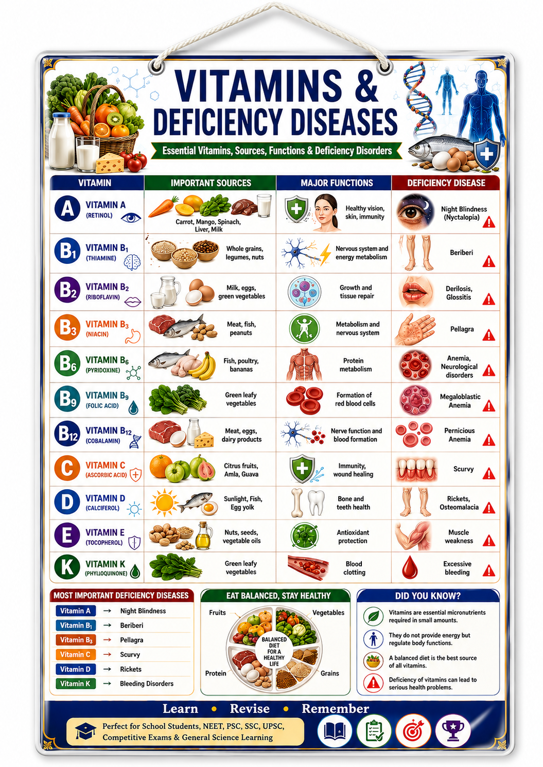 Vitamins & Deficiency Diseases Educational Poster (A4 Size Laminated)