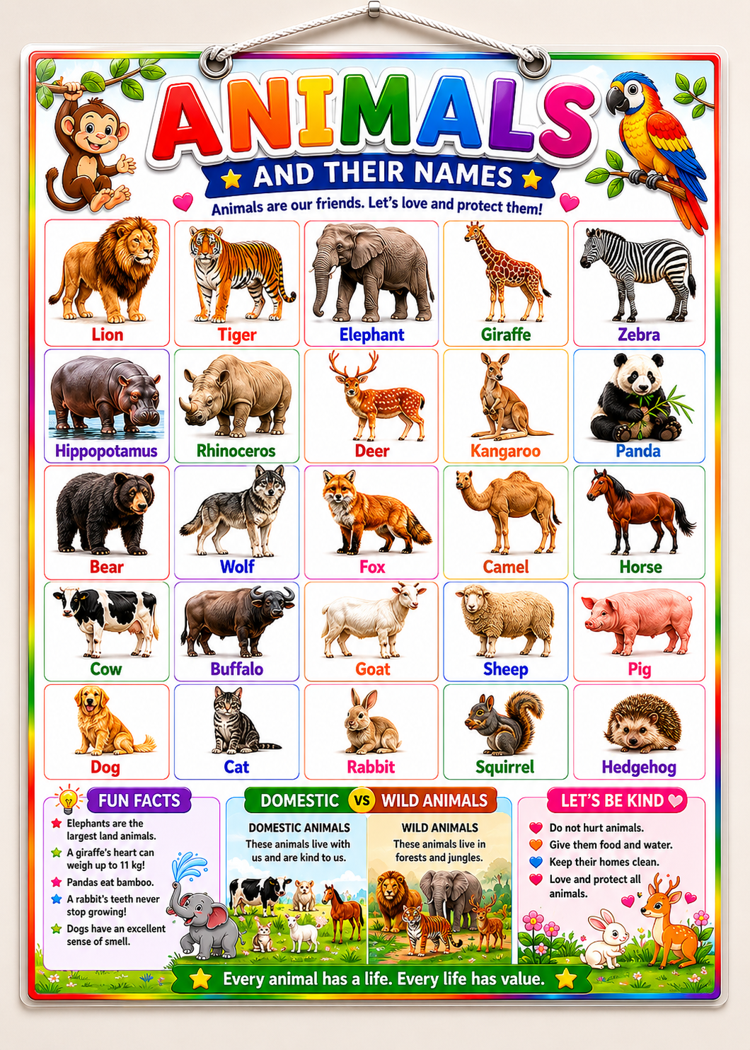 Animals & Their Names Educational Poster (A4 Size Laminated)