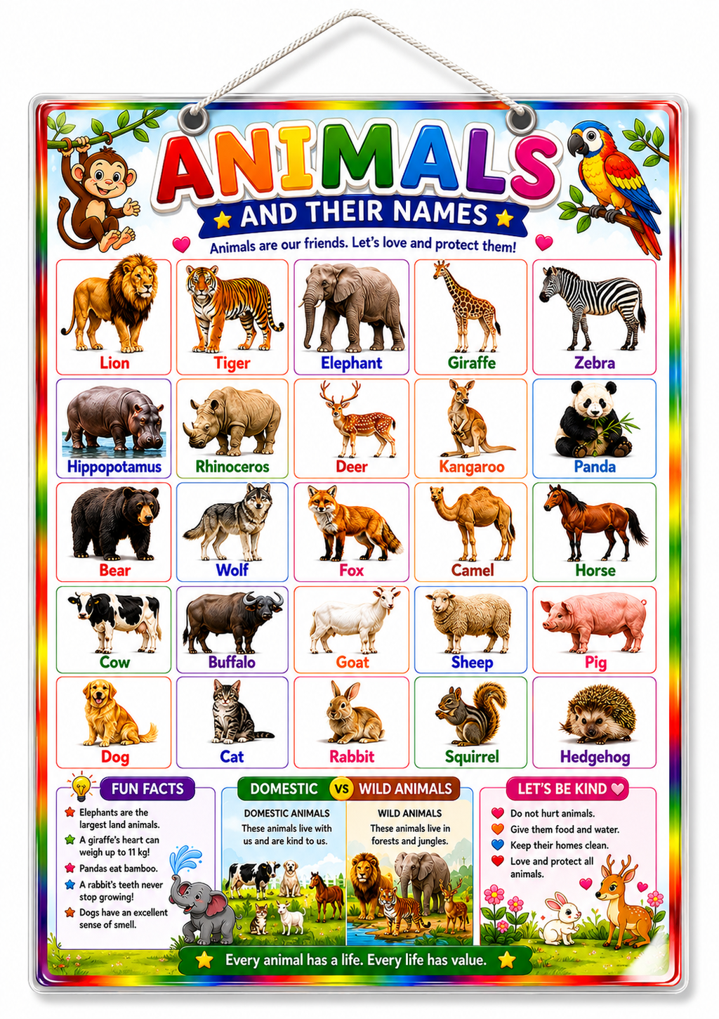 Animals & Their Names Educational Poster (A4 Size Laminated)