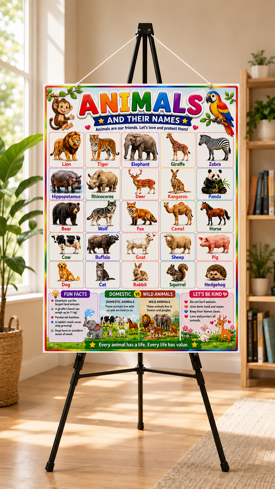 Animals & Their Names Educational Poster (A4 Size Laminated)