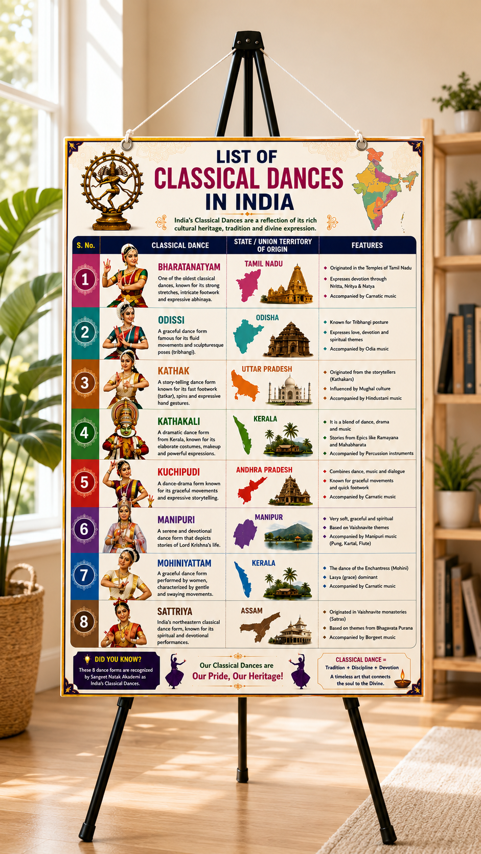 Classical Dances of India Educational Poster (A4 Size Laminated)