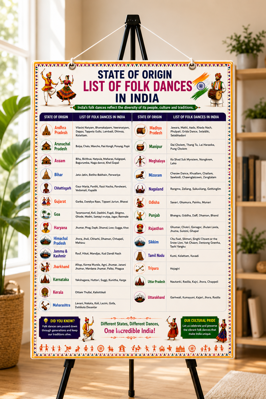 State of Origin – List of Folk Dances in India Educational Poster (A4 Size Laminated)