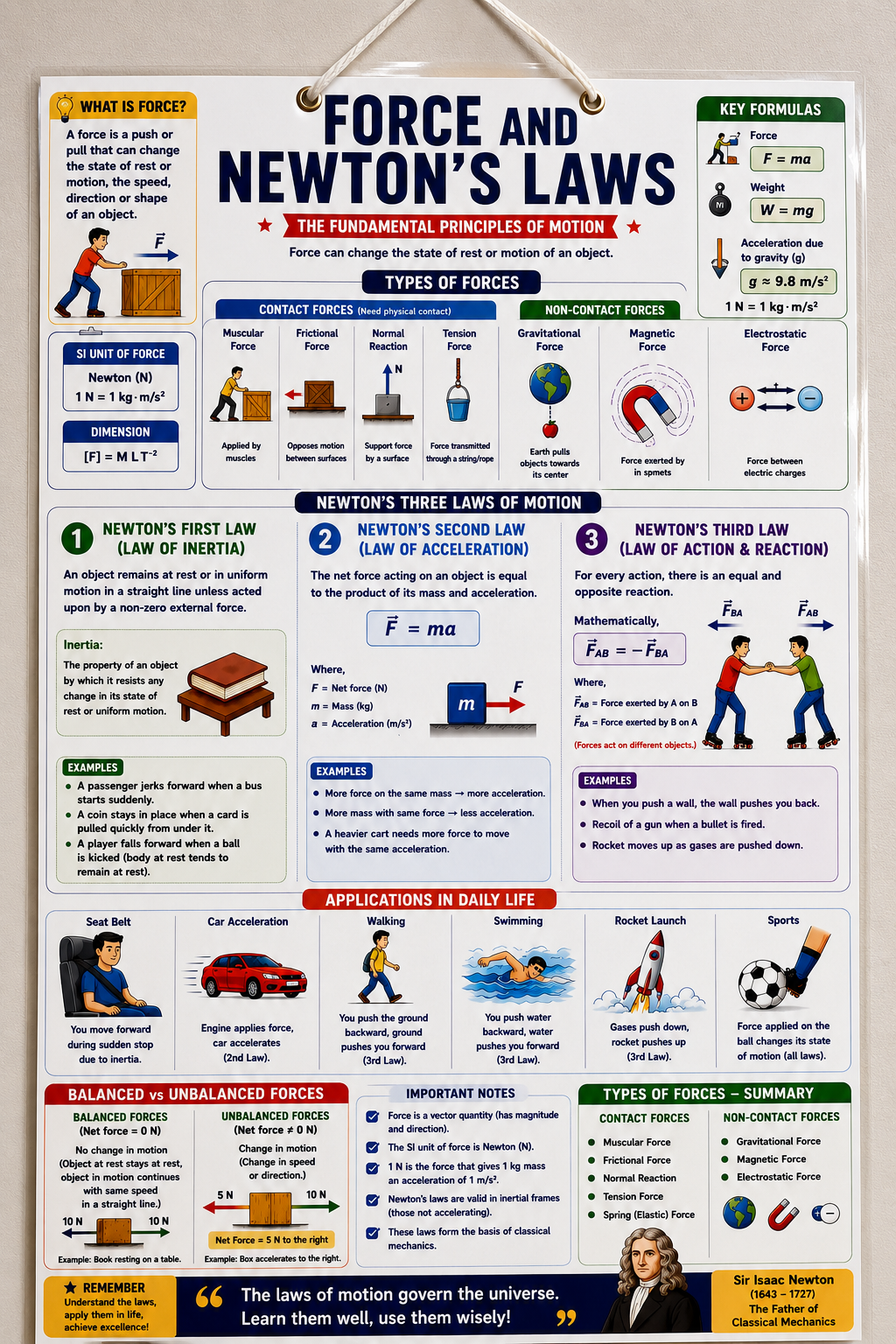 Force & Newton's Laws Educational Wall Poster (A4 Size Laminated)