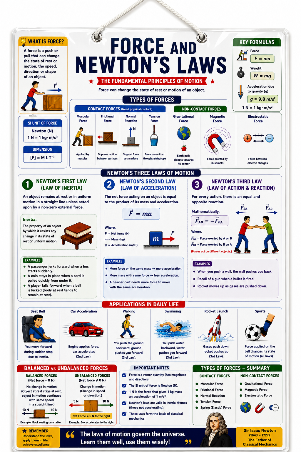 Force & Newton's Laws Educational Wall Poster (A4 Size Laminated)