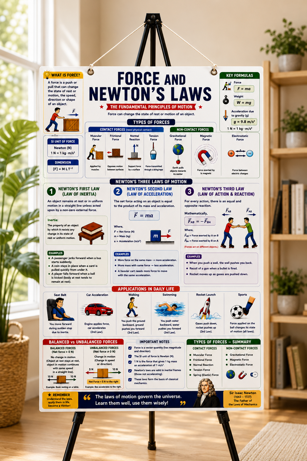 Force & Newton's Laws Educational Wall Poster (A4 Size Laminated)
