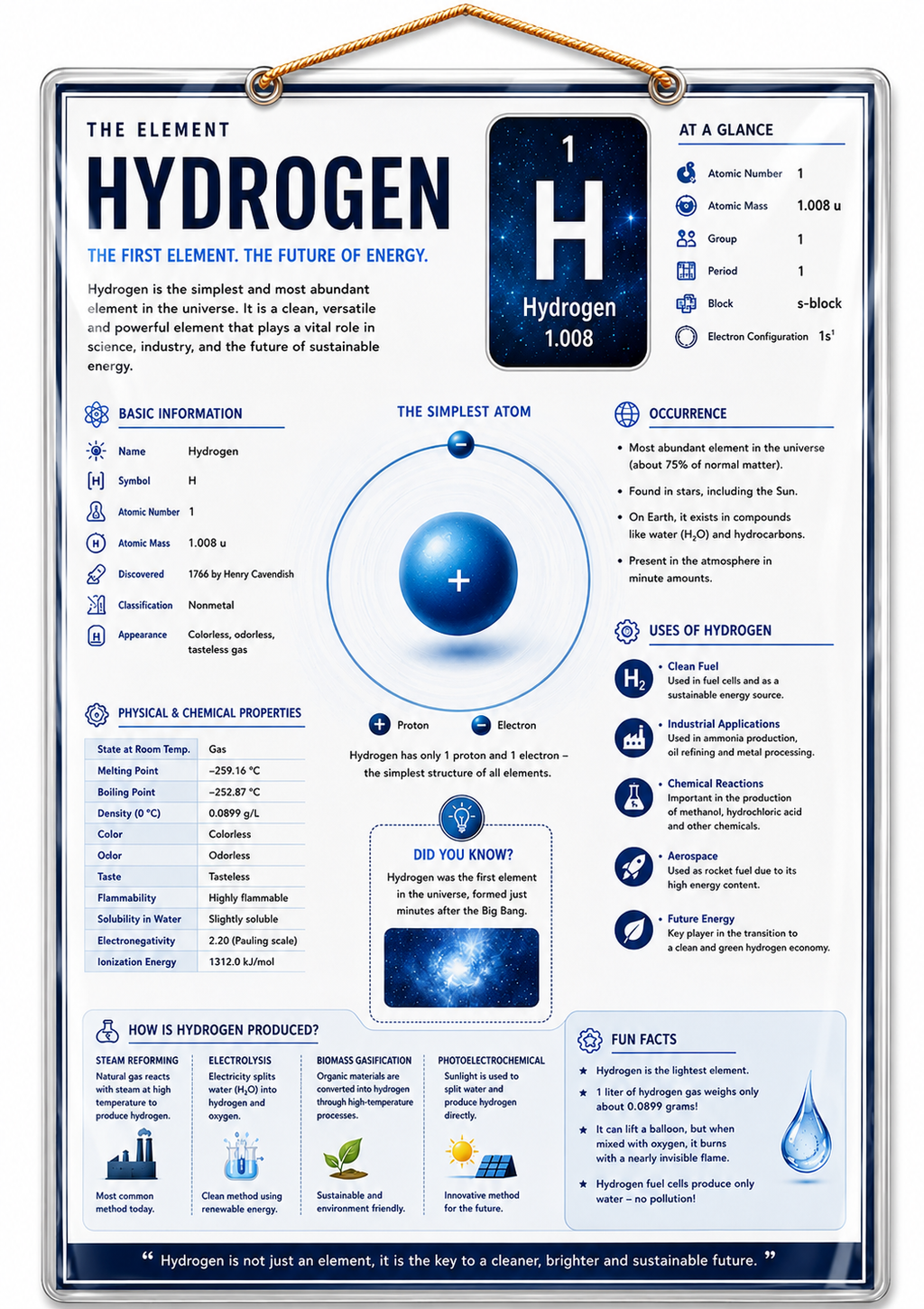 Hydrogen Element Educational Poster – A4 Laminated Science Chart