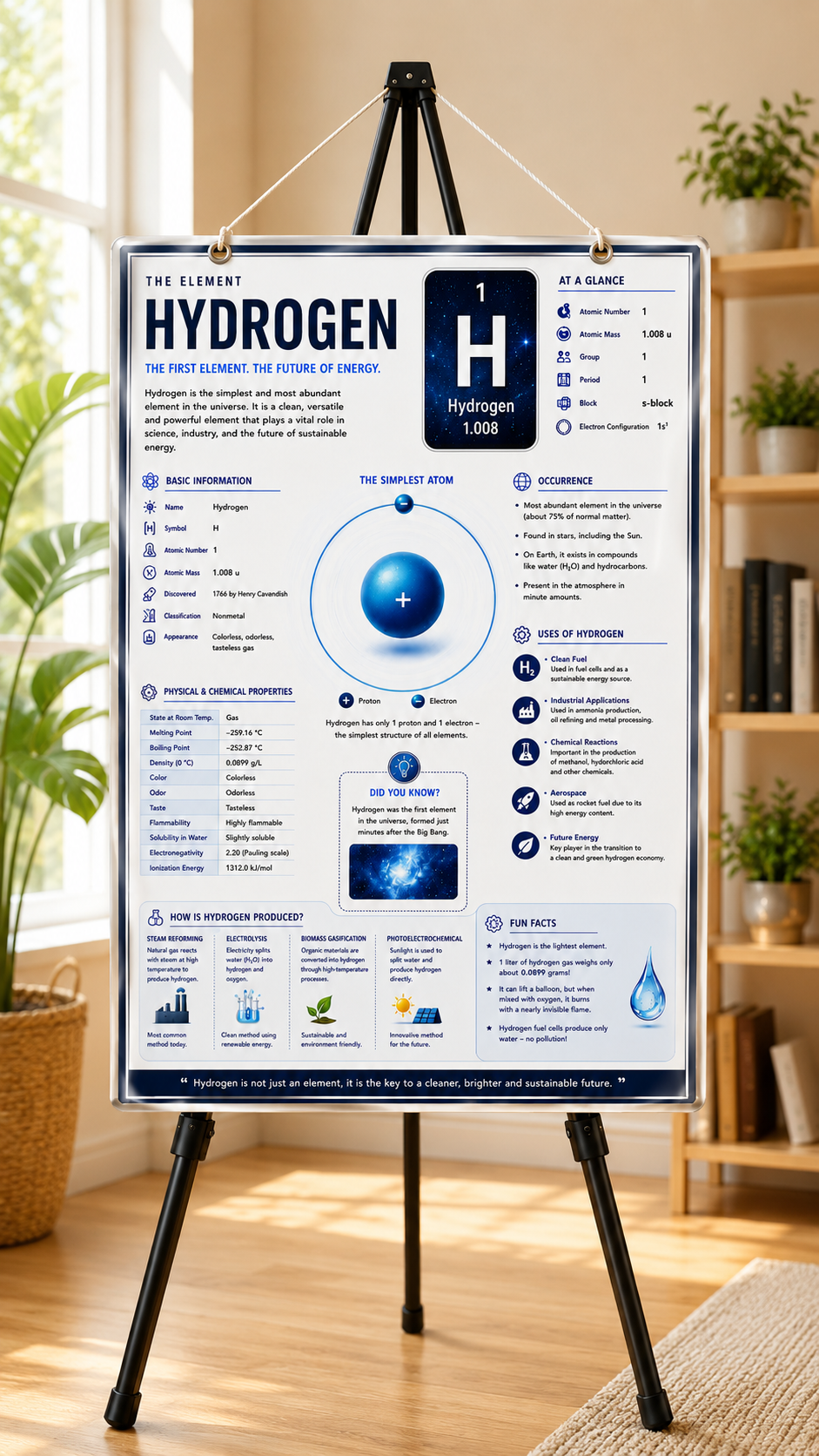 Hydrogen Element Educational Poster – A4 Laminated Science Chart