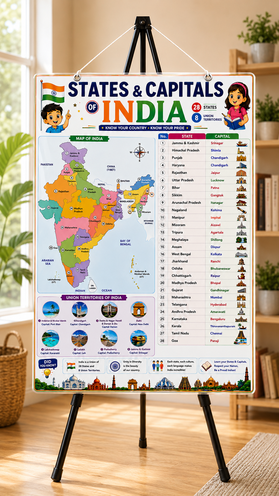 States & Capitals of India Educational Poster | A4 SIze Laminated Hanging Chart