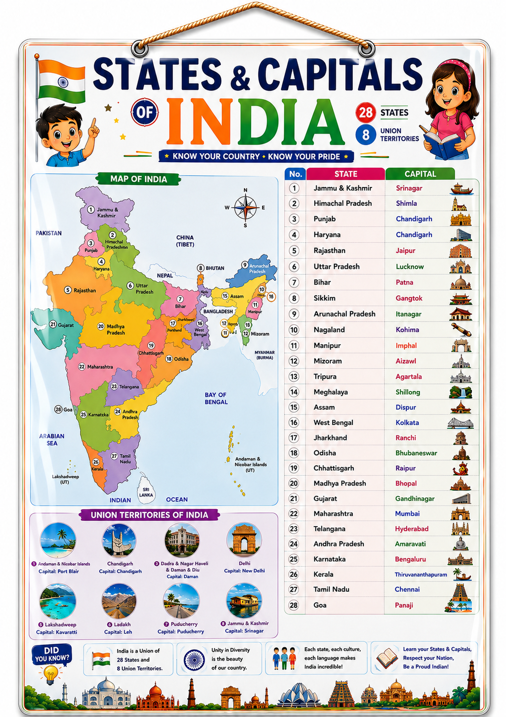 States & Capitals of India Educational Poster | A4 SIze Laminated Hanging Chart