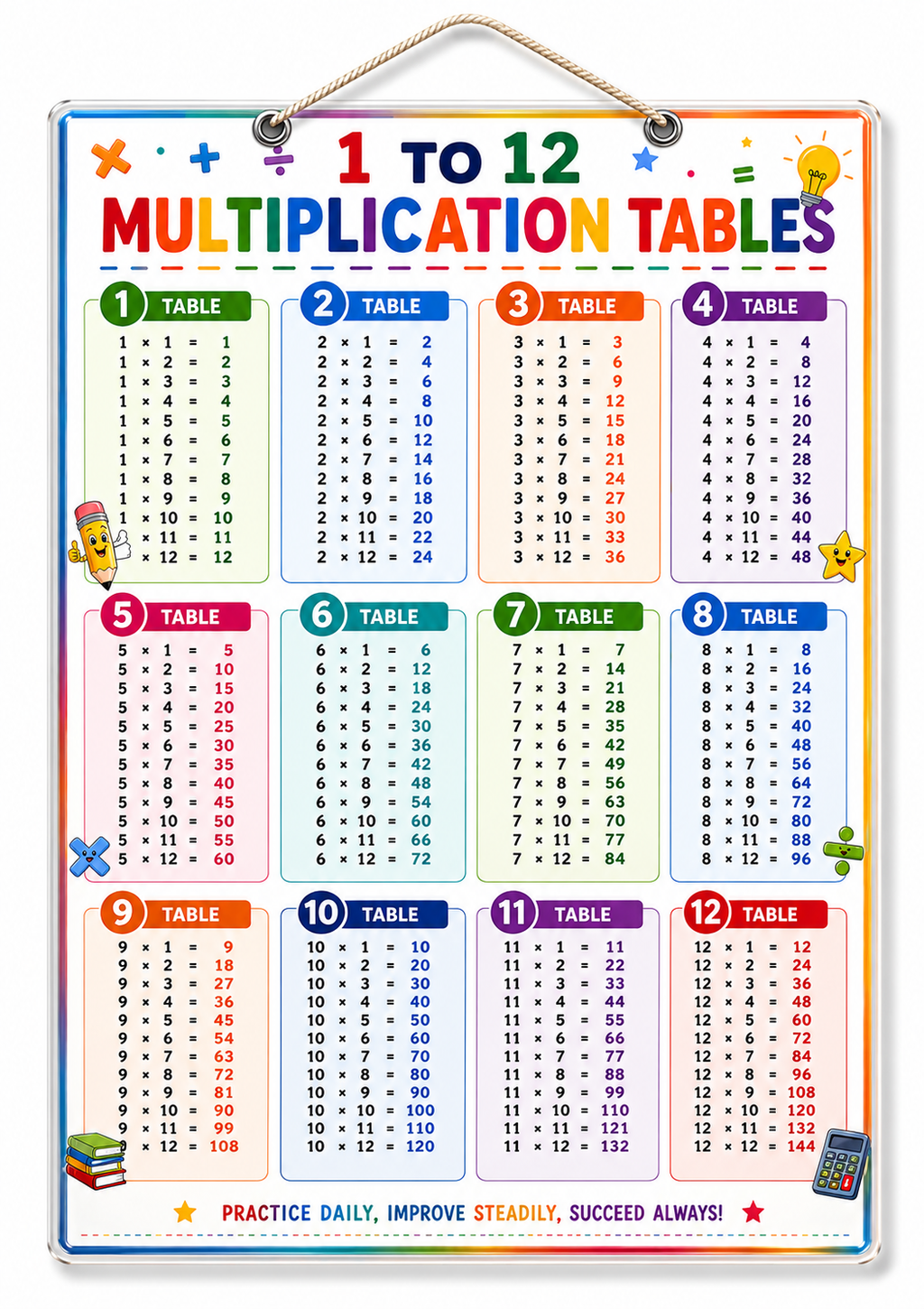 1 to 12 Multiplication Tables Poster (A4 Size Laminated)
