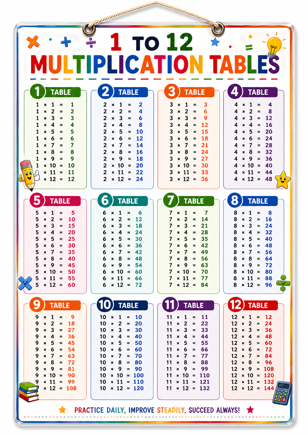 1 to 12 Multiplication Tables Poster (A4 Size Laminated)