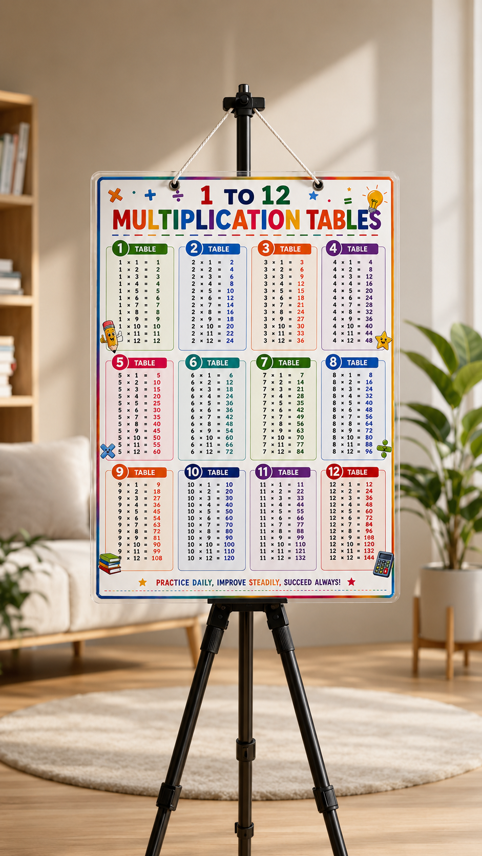 1 to 12 Multiplication Tables Poster (A4 Size Laminated)