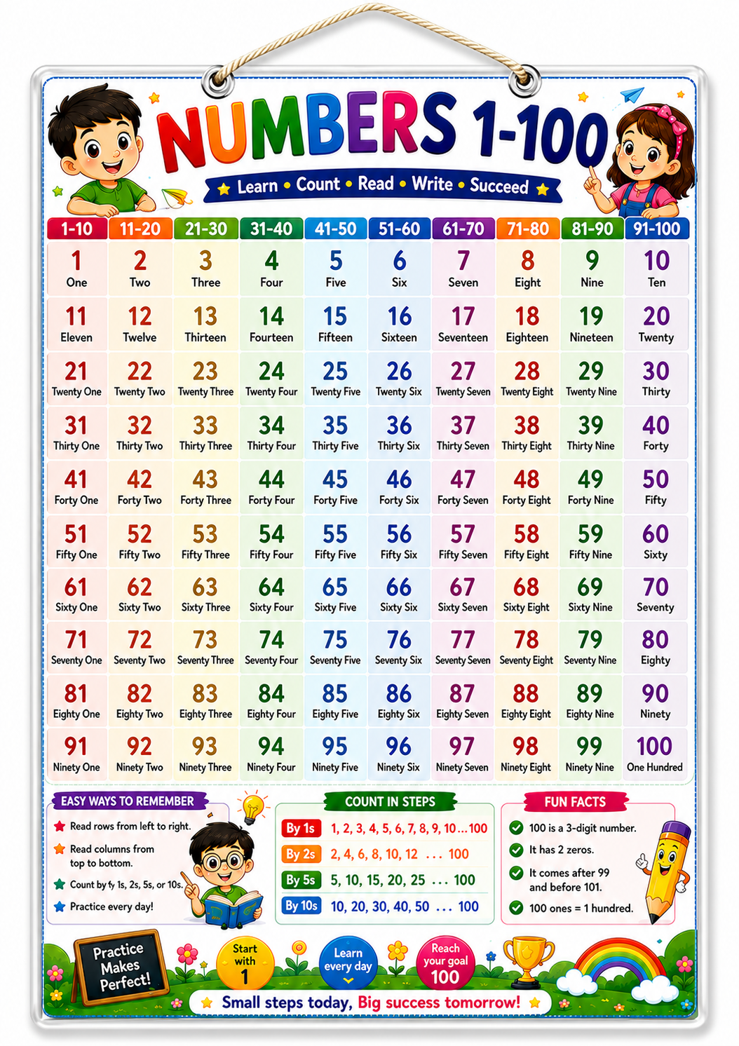 Numbers 1–100 Chart with Number Names (A4 Size Laminated)