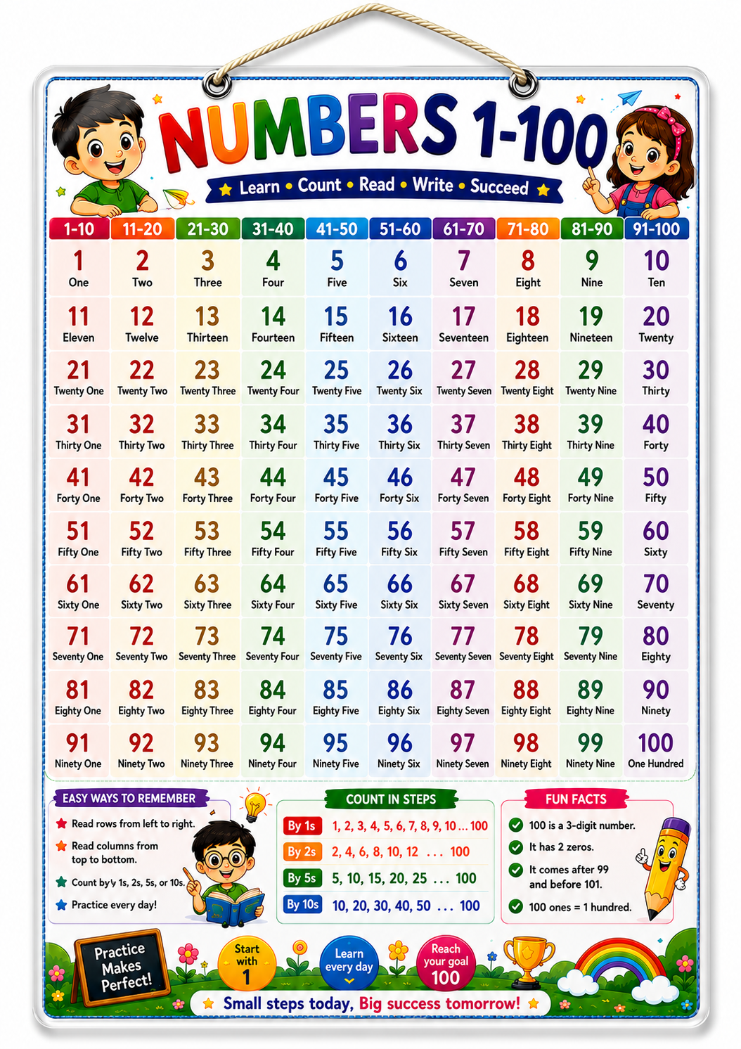 Numbers 1–100 Chart with Number Names (A4 Size Laminated)