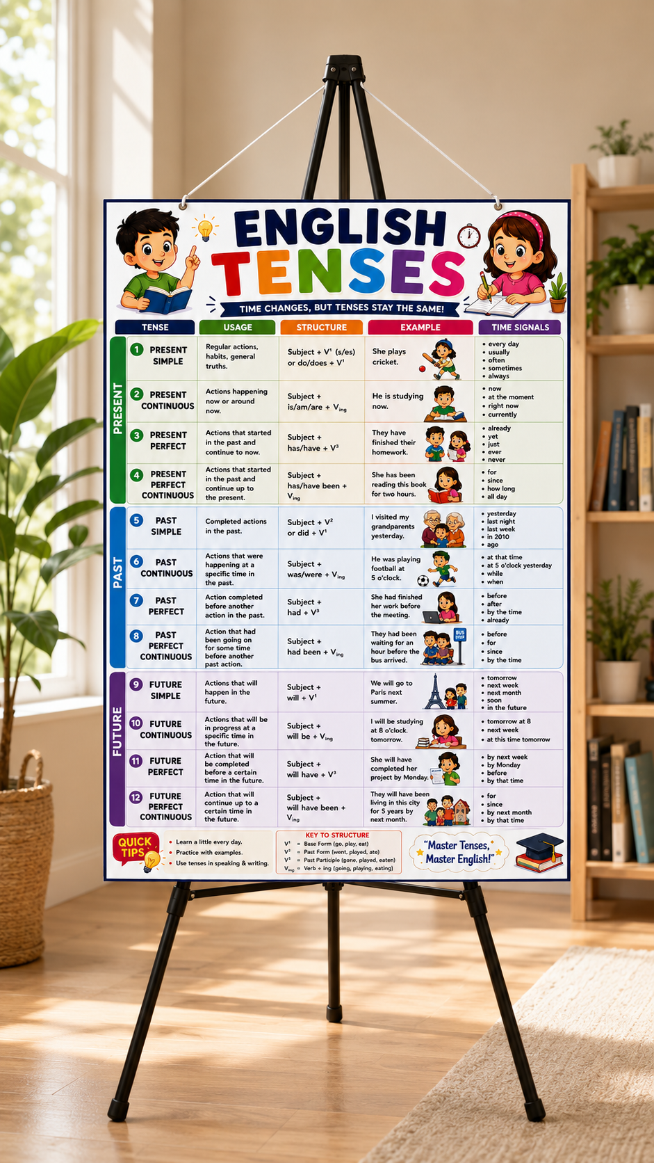 English Tenses Educational Poster (A4 Size Laminated)