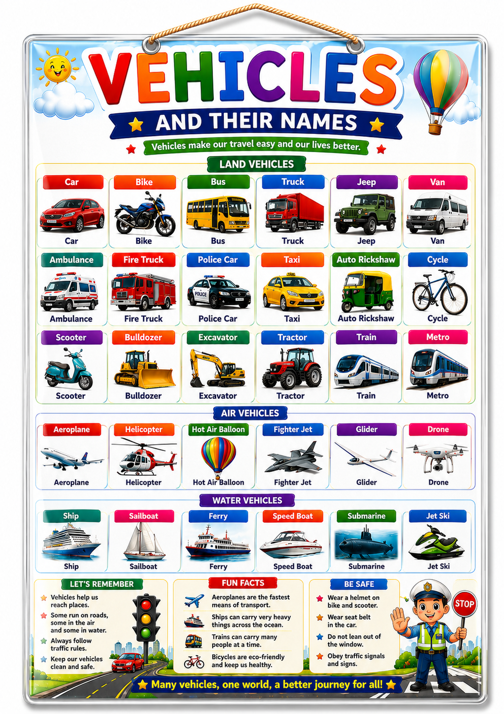Vehicles and Their Names – Educational Learning Poster (A4 Size Laminated)