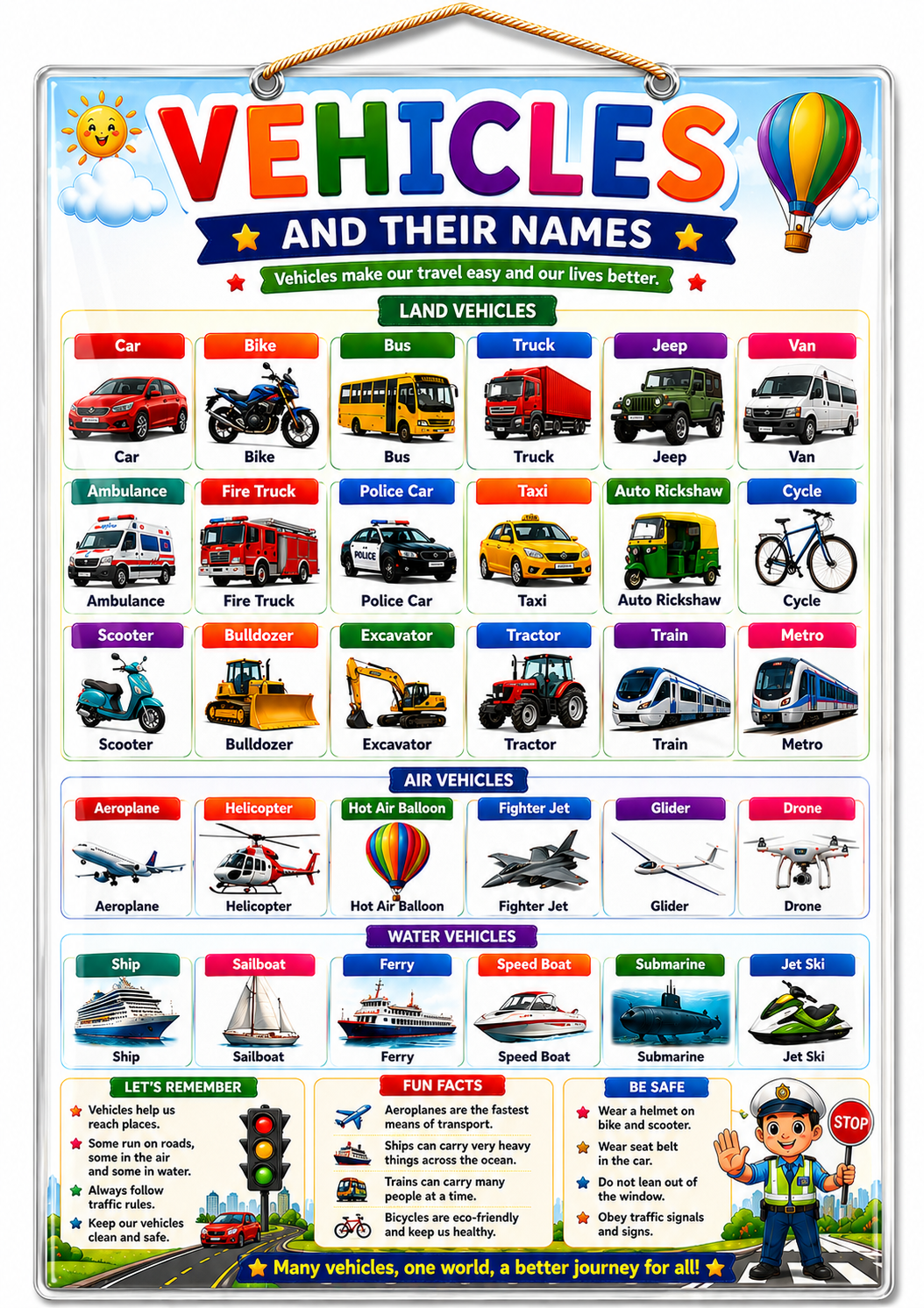 Vehicles and Their Names – Educational Learning Poster (A4 Size Laminated)
